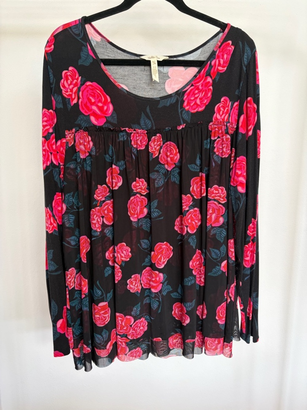 Matilda Jane Black Long-Sleeve Tunic with Bright Pink Rose Print